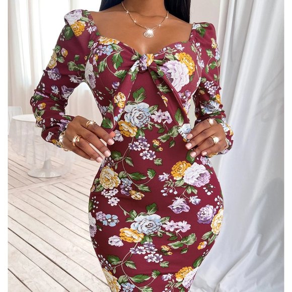 NEW! Floral Print Lantern Sleeve Sweetheart Neck Bodycon Dress - Picture 3 of 3